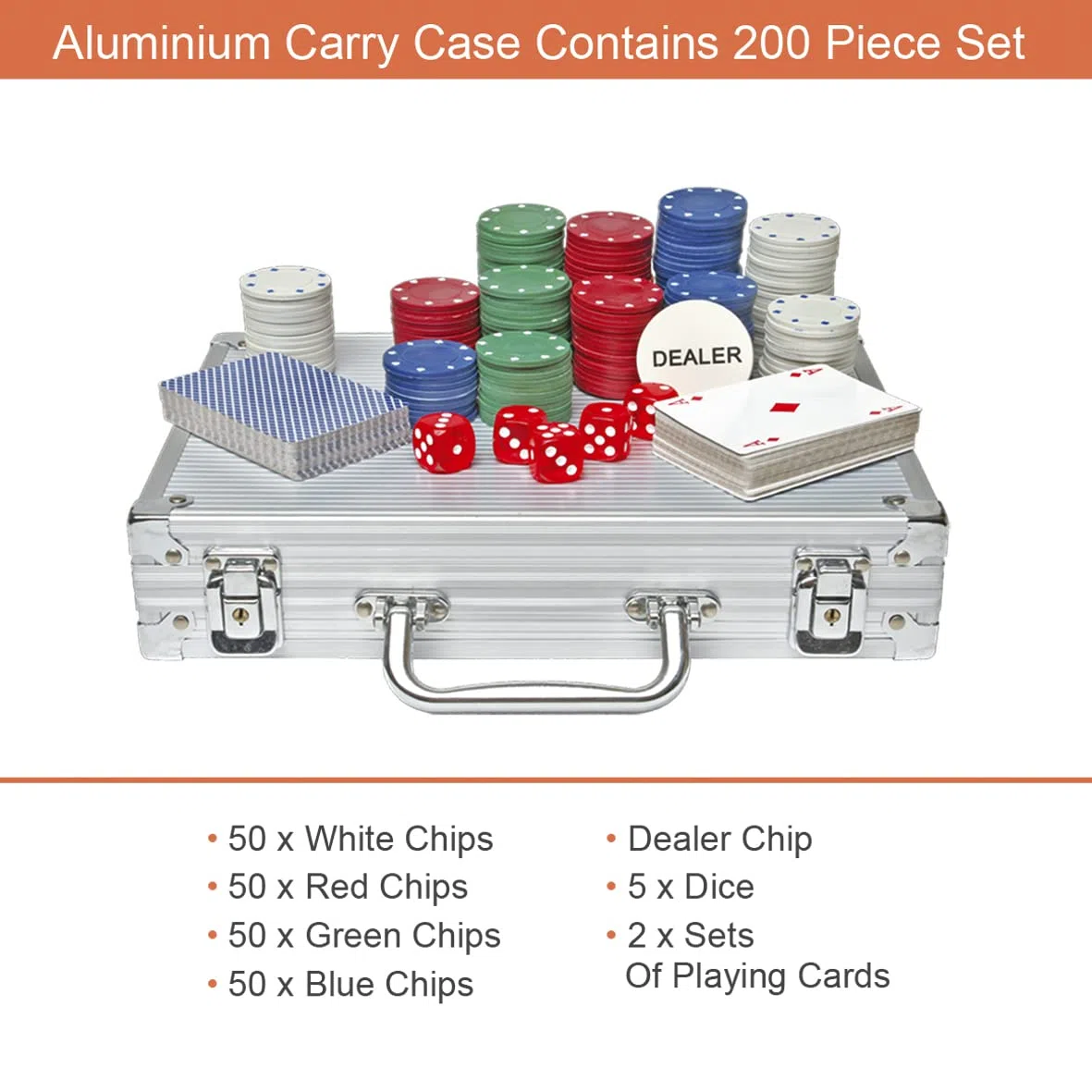 Global Gizmos - Set di Chip, Dadi e Carte da Poker in Custodia di Alluminio, 200 pz