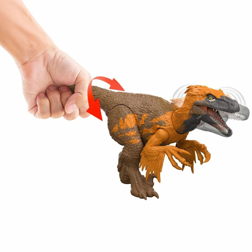 Mattel Jurassic World La Rinascita Utahraptor Ruggito Selvaggio, dinosauro giocattolo con attacco multidirezionale azionato con la coda e suoni, snodato, gioco digitale, JGC80