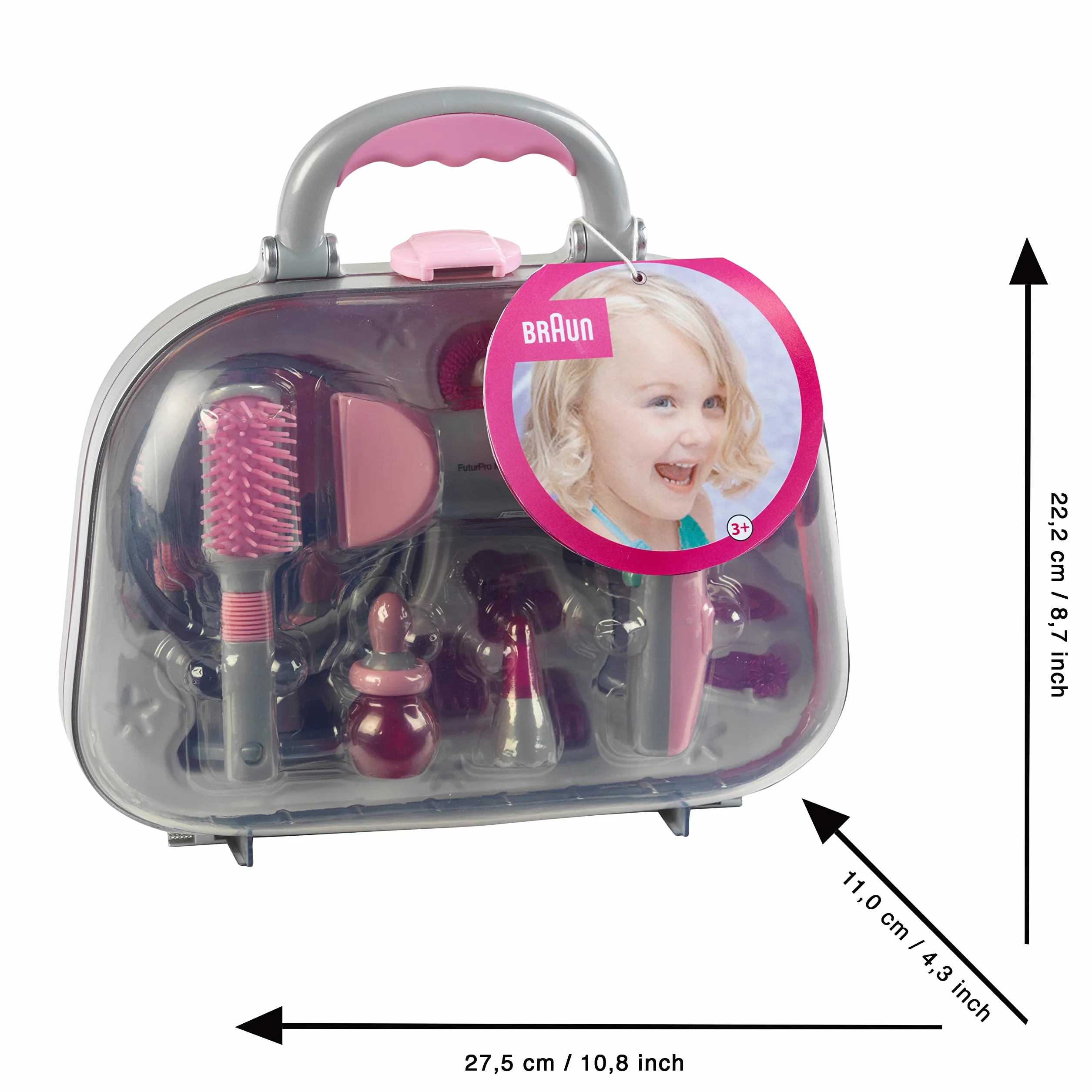 Theo Klein 5855 Valigetta del Parrucchiere con Asciugacapelli Braun, Specchio, Pettine e Accessori Styling, con Phon a Batterie, 27.5 cm x 11 cm x 22.2 cm, Giocattolo per Bambini a Partire dai 3 Anni