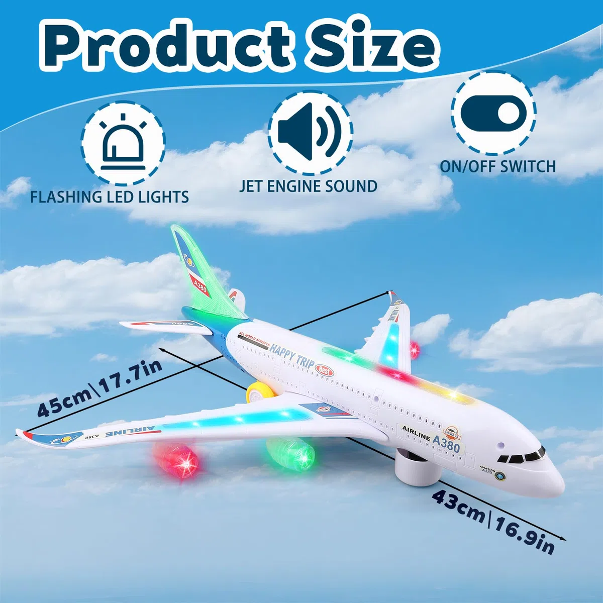 Bump and Go - Aereo giocattolo realistico con luci e suoni 4D, giocattolo per bambini dai 3 ai 12 anni, cambio automatico di direzione in caso di collisione, ottimo regalo per ragazzi e ragazze (blu)