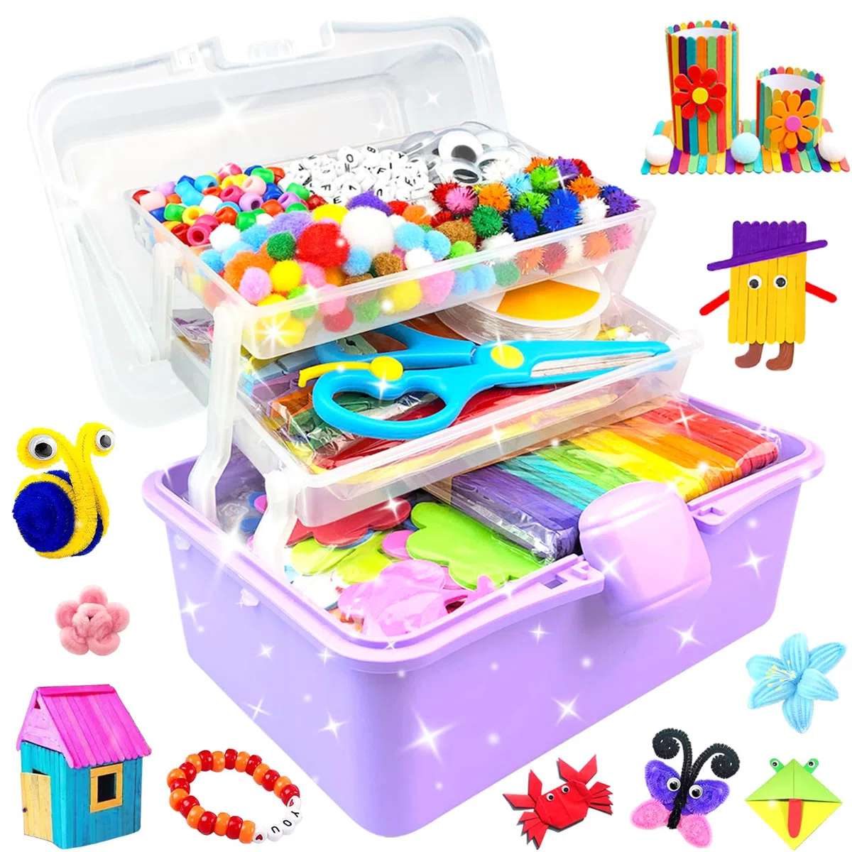 BNUZEIYI 3000Pcs Kit Lavoretti Creativi per Bambini Scatola Lavoretti Bambini a 3 Strati con Scovolini Colorati DIY Art Craft Fai da Te Giocattoli Regalo per Ragazze e Ragazzi 4-6, 6-8, 8-12, Viola