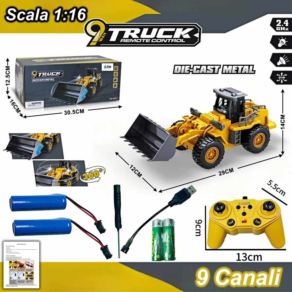 9 Canale 1:16 quattro ruote Bulldozer telecomandato giocattolo,con luci e suono, pala in metallo,telecomando senza fili,Caricatore Frontale con Telecomando,per Regali Per Bambini