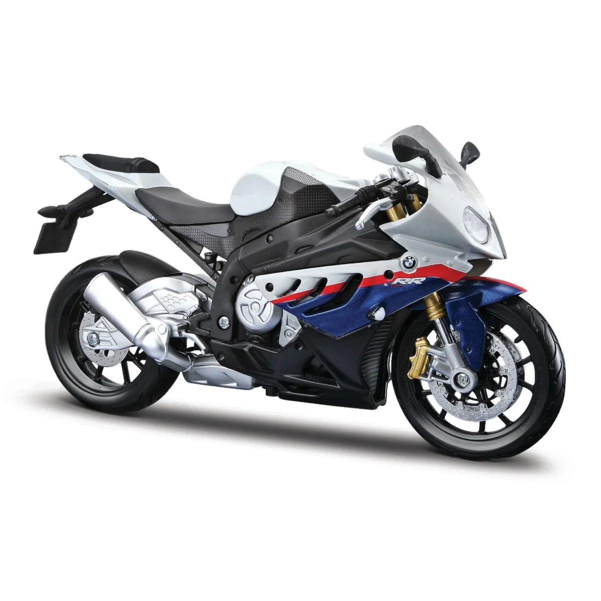 Maisto BMW S1000 RR: fedele modello di moto 1:12, con supporto mobile, sospensioni e ruote rotanti libere, 17 cm, bianco-blu (531191), medio