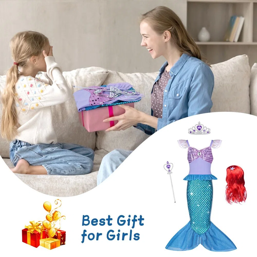 AOOWU Vestito Sirenetta Bambina, Sirena Principessa Vestito Costume con Parrucca, Vestiti Sirenetta Costumi Cosplay Sirena per Halloween, Natale, Cosplay, Compleanno