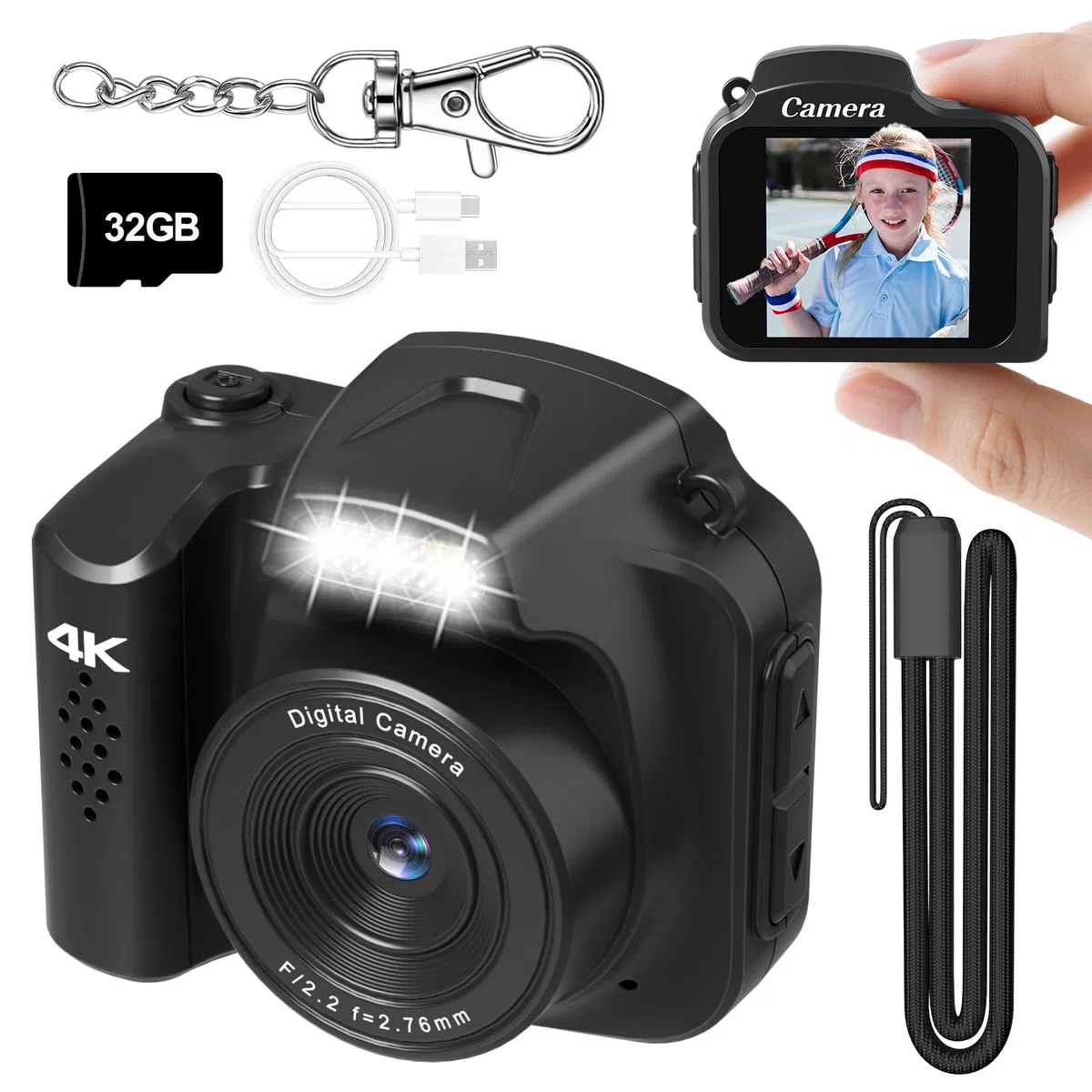 Mini fotocamera digitale 4K 64 MP, piccola fotocamera digitale tascabile retrò nostalgia con luce LED e scheda micro SD da 32 G, adatta per adolescenti, bambini e principianti di fotografia, colore