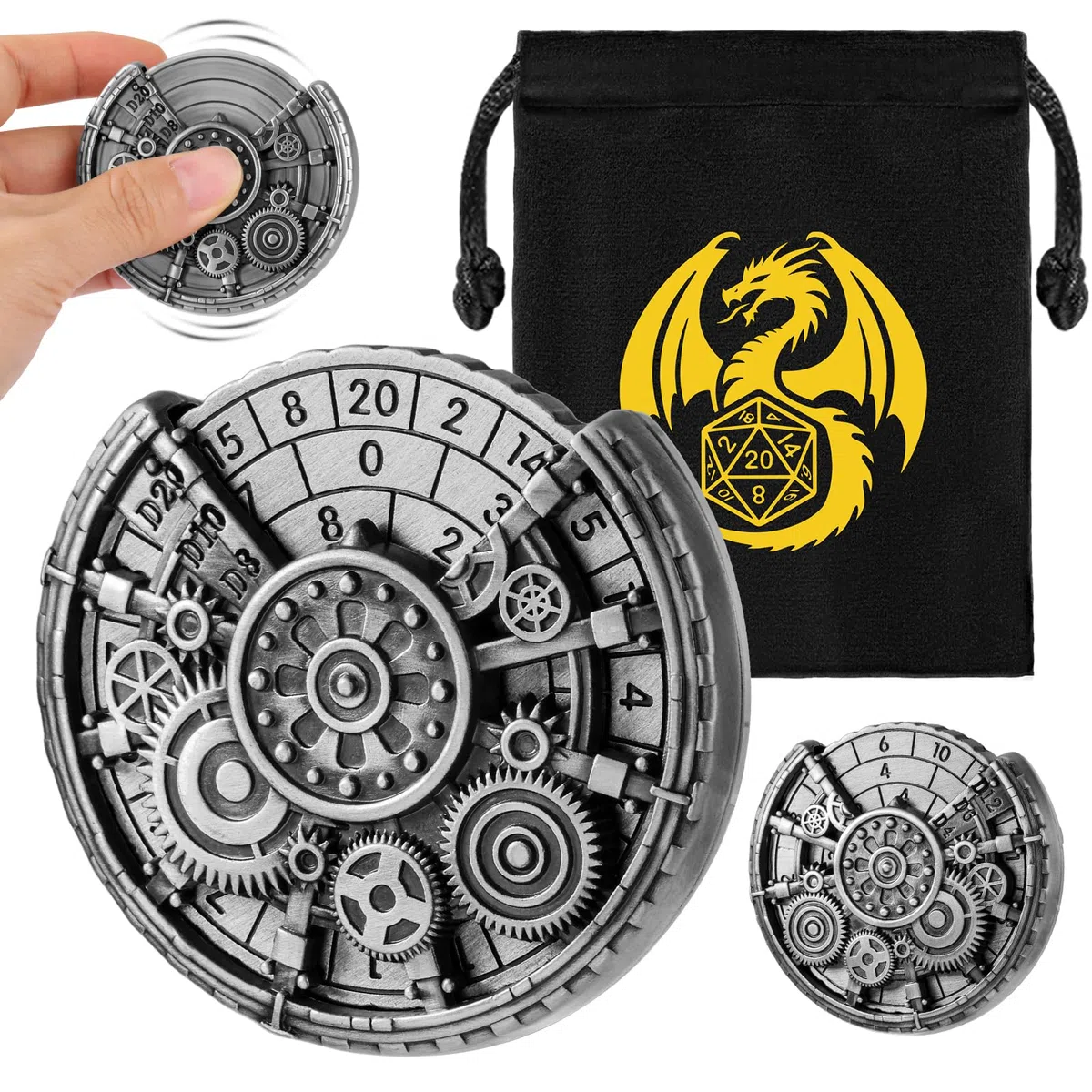 Ingranaggio Cavo DND Ruota Dadi Spinner, 7-in-1 Metallici D&D Spinner di Dadi, Ingranaggio Cavo D&D Roulette, Regali DND, Sacchetto Regalo con Logo Drago, Accessori per Gioco di Ruolo, Argento Scuro