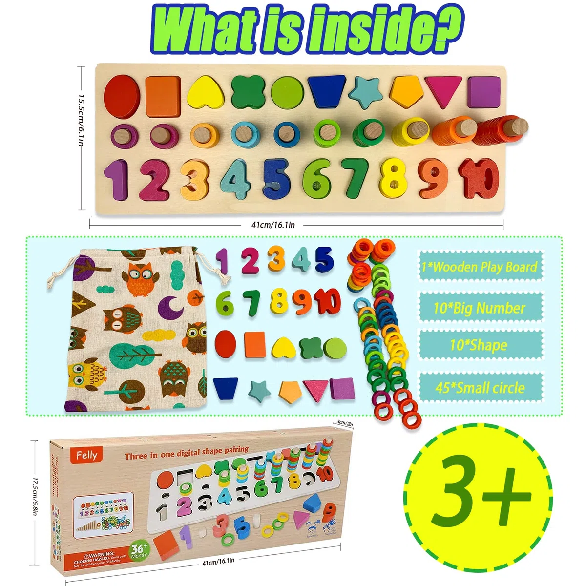 Felly Giocattoli Montessori Bambini, 2 in 1 Gioco Educativi Giocattoli di Legno Baby Board Conteggio Numeri Stacking Classificazione Matematica Apprendimento, Regalo di Compleanno Natale 3+ anni