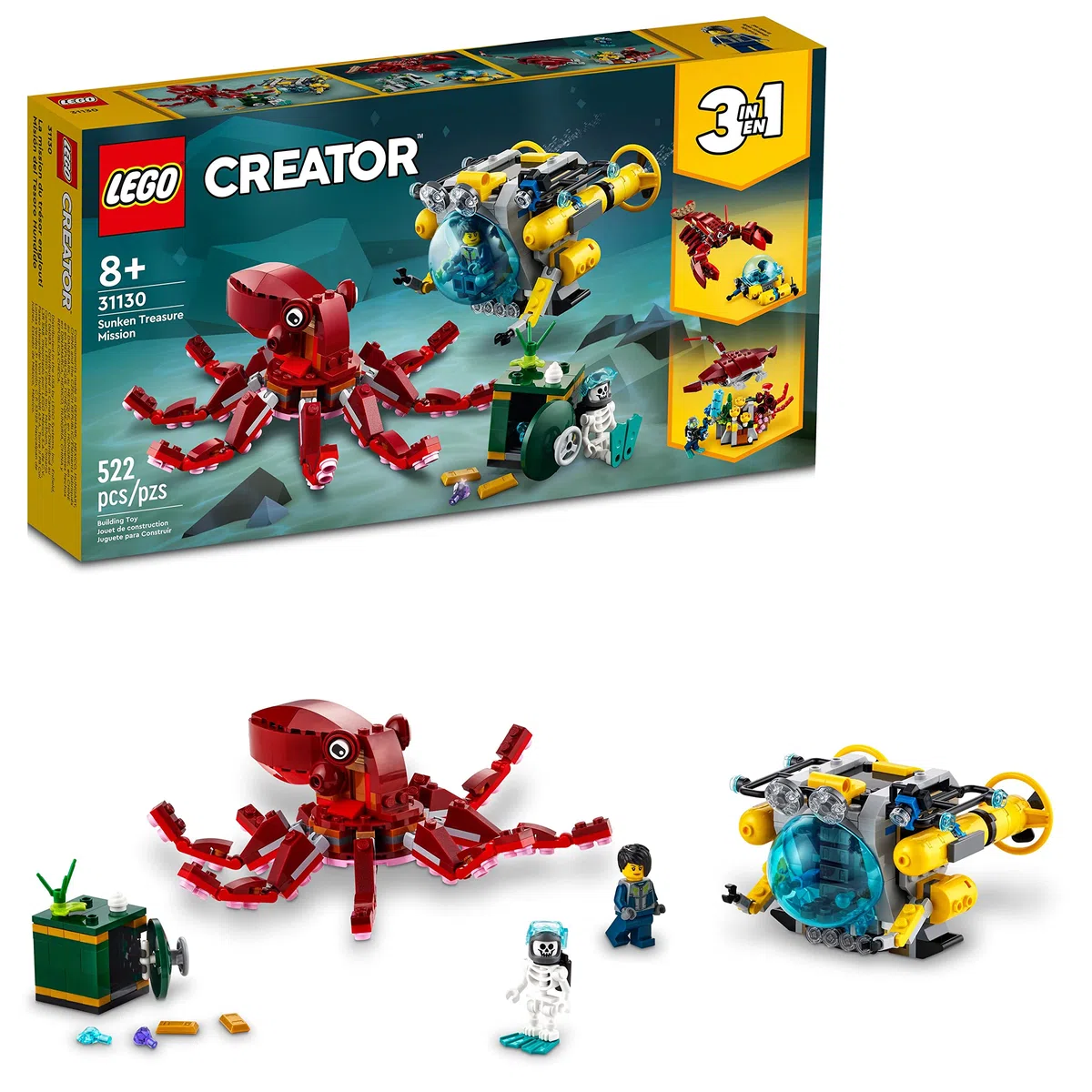LEGO Creator 31130 - Giocattolo sottomarino 3 in 1 Tesoro sommergibile che si trasforma da polpo tp aragosta a manta, divertenti figure di animali marini