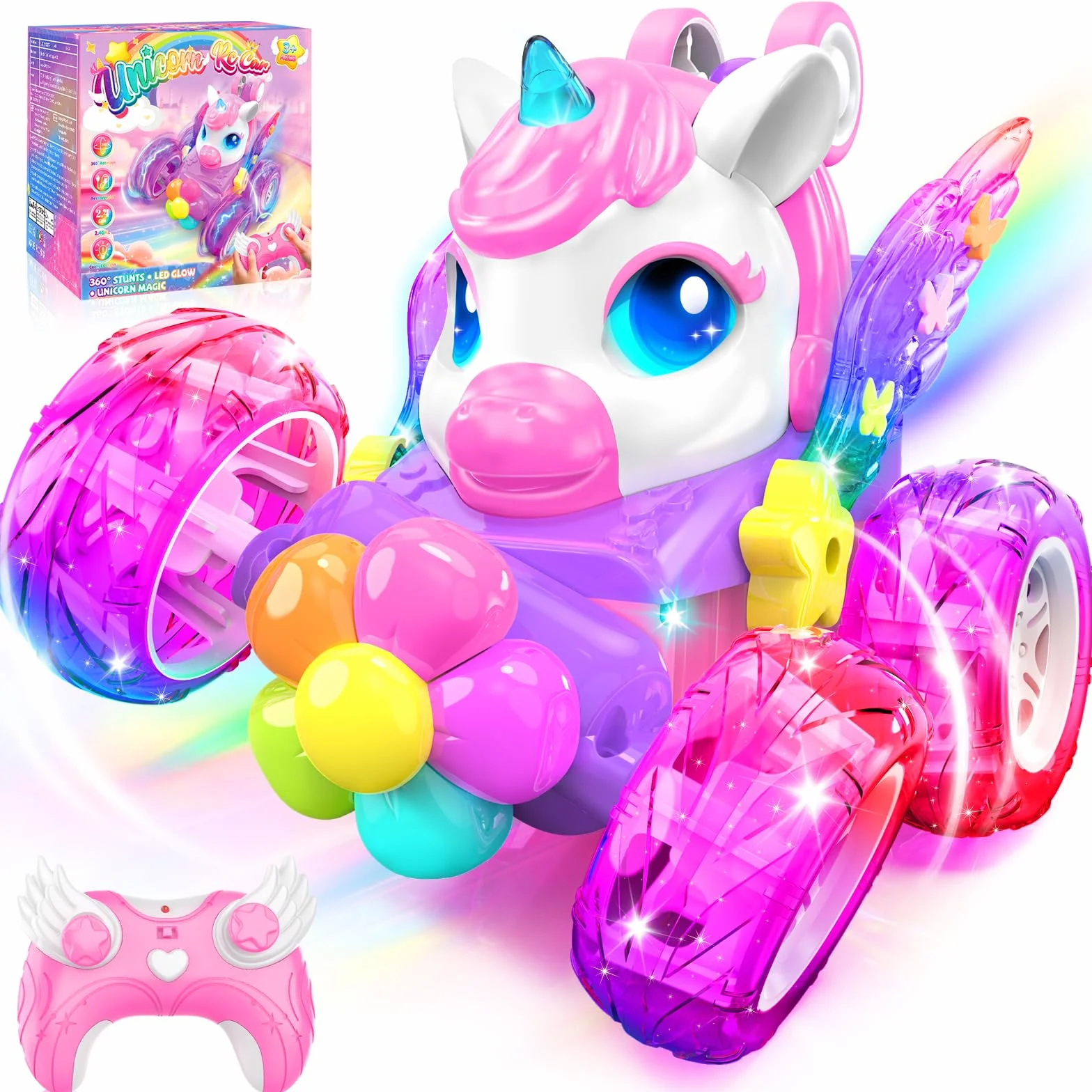 Unicorno Macchina Telecomandata Bambini 2,4GHz RC Car con Luce & Flip 360°, Regalo Bambina Giochi Bambini 3-12 Anni, Gioco Bambina Giocattoli Bimba 4 5 6 7 8 9 10 Anni Femmina Natale Compleanno Regali