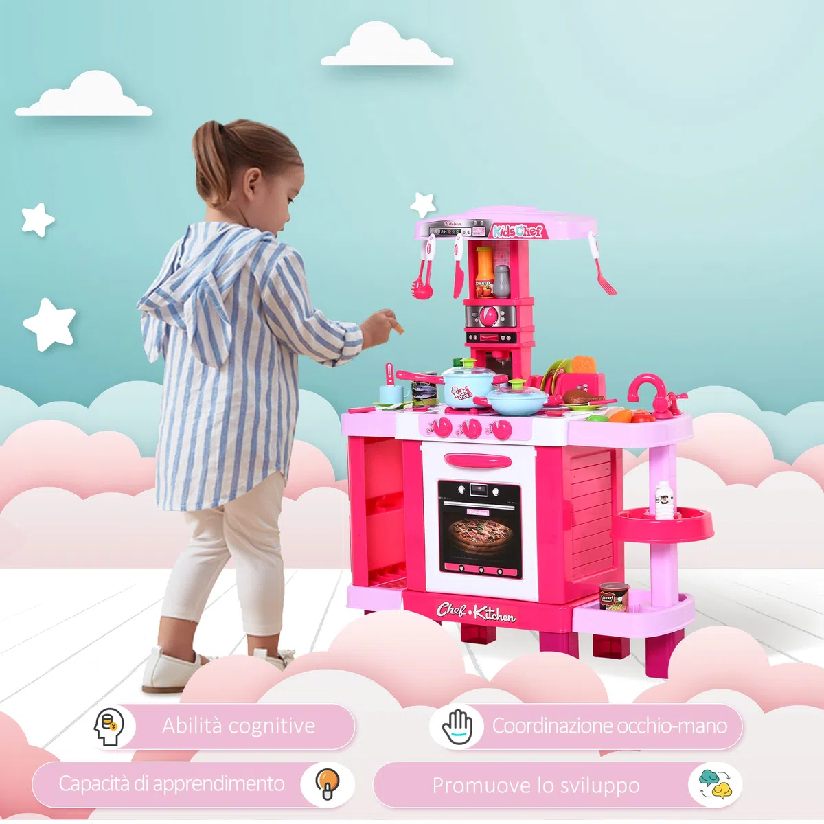 HOMCOM Cucina Giocattolo per Bambini con 38 Accessori Inclusi, Gioco con Luci e Suoni Realistici, 78x29x87cm, Rosa
