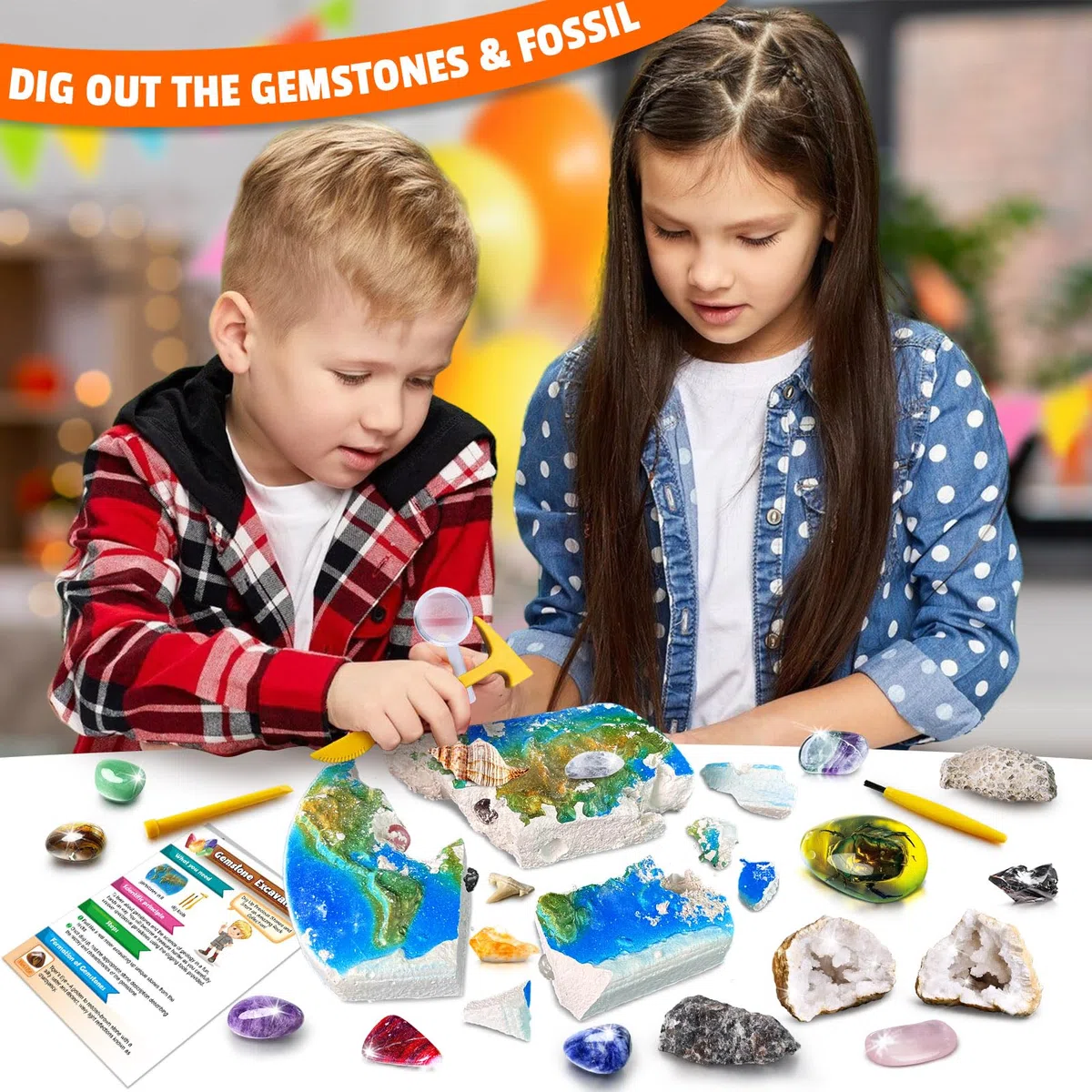 UNGLINGA Set di scavo di gemme per bambini, ragazzi e ragazze – Idea regalo per il compleanno con 15 vere gemme e fossili, incluso attrezzo, giocattolo educativo di geologia S.T.E.M