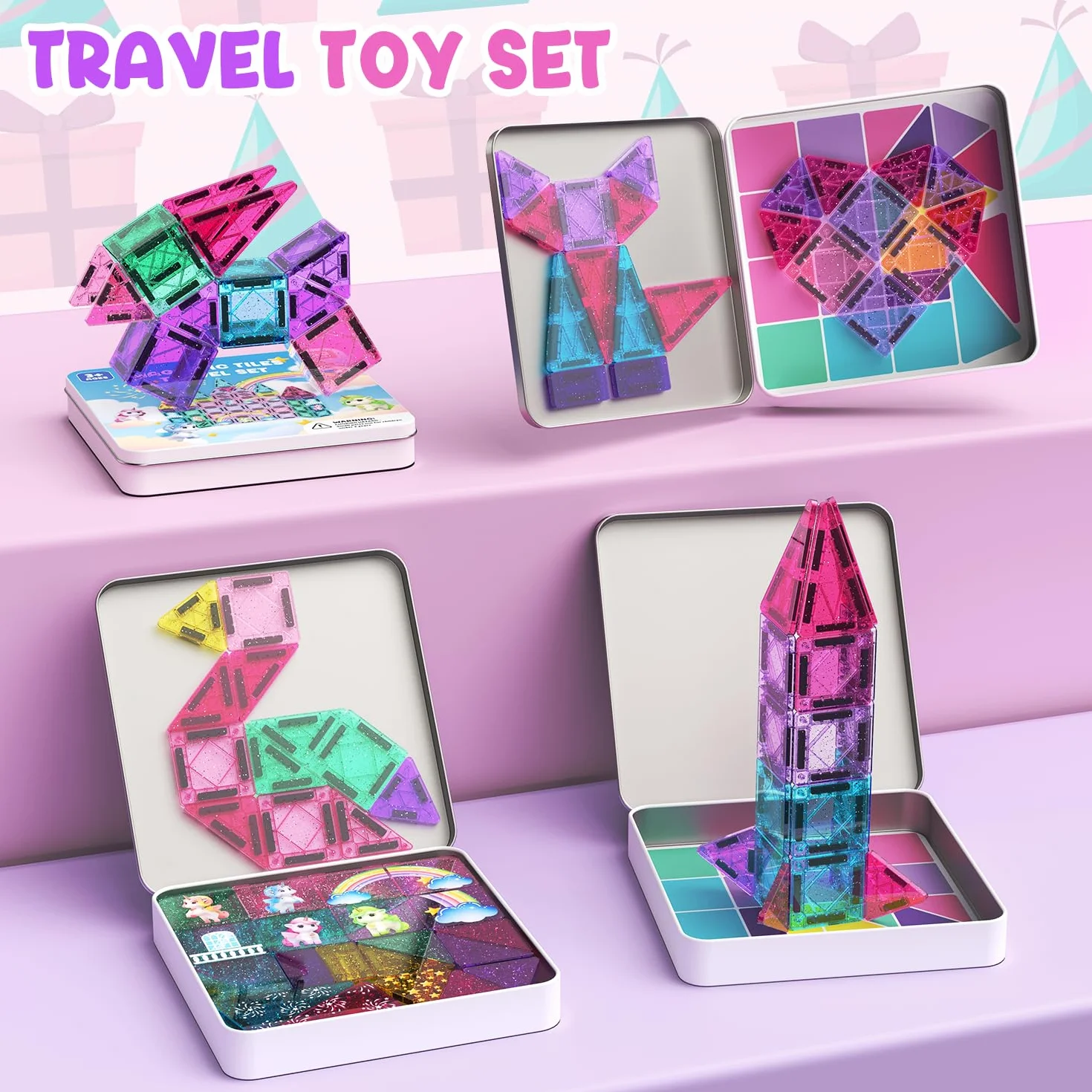ACELIFE Blocchi da costruzione magnetici 60 pezzi, mini giocattoli magnetici per bambini, set da viaggio Montessori, set da viaggio giocattolo portatile STEM, piastrelle magnetiche per ragazzi e