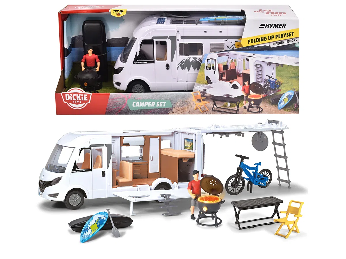 Dickie Toys - Playlife Camper Set, Hymer B-Class Motorhome, con pannello, porta laterale, gavone e tetto apribili, Incluso personaggio, E-Bike, BBQ con luci, paddling, tavolo con sedia