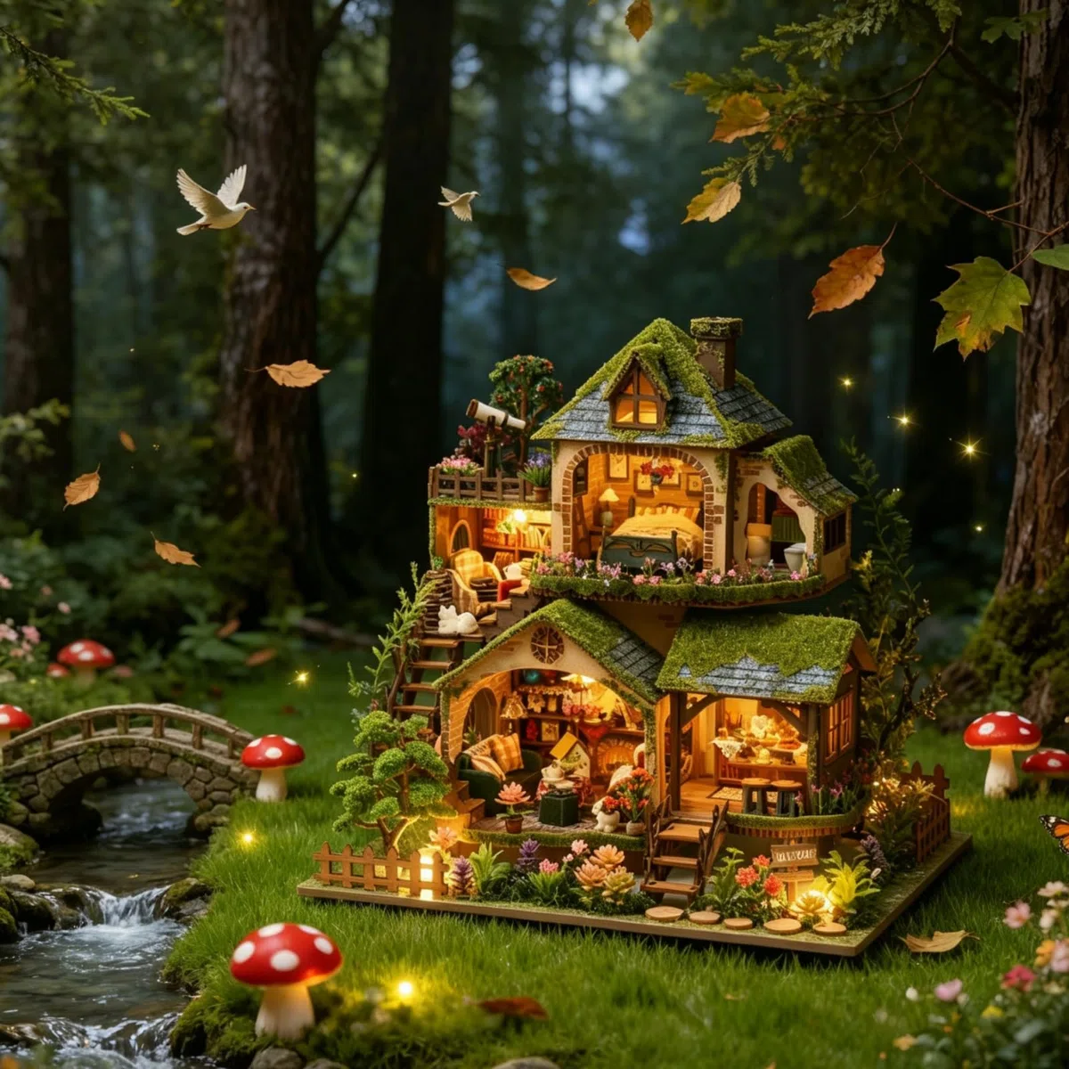 Cuteefun Miniatura Casa Delle Bambole Kit con LED, Artigianato in Legno per Adulti Adolescenti da Costruire, Regali di Natale per il Compleanno (Avventure nella Foresta)