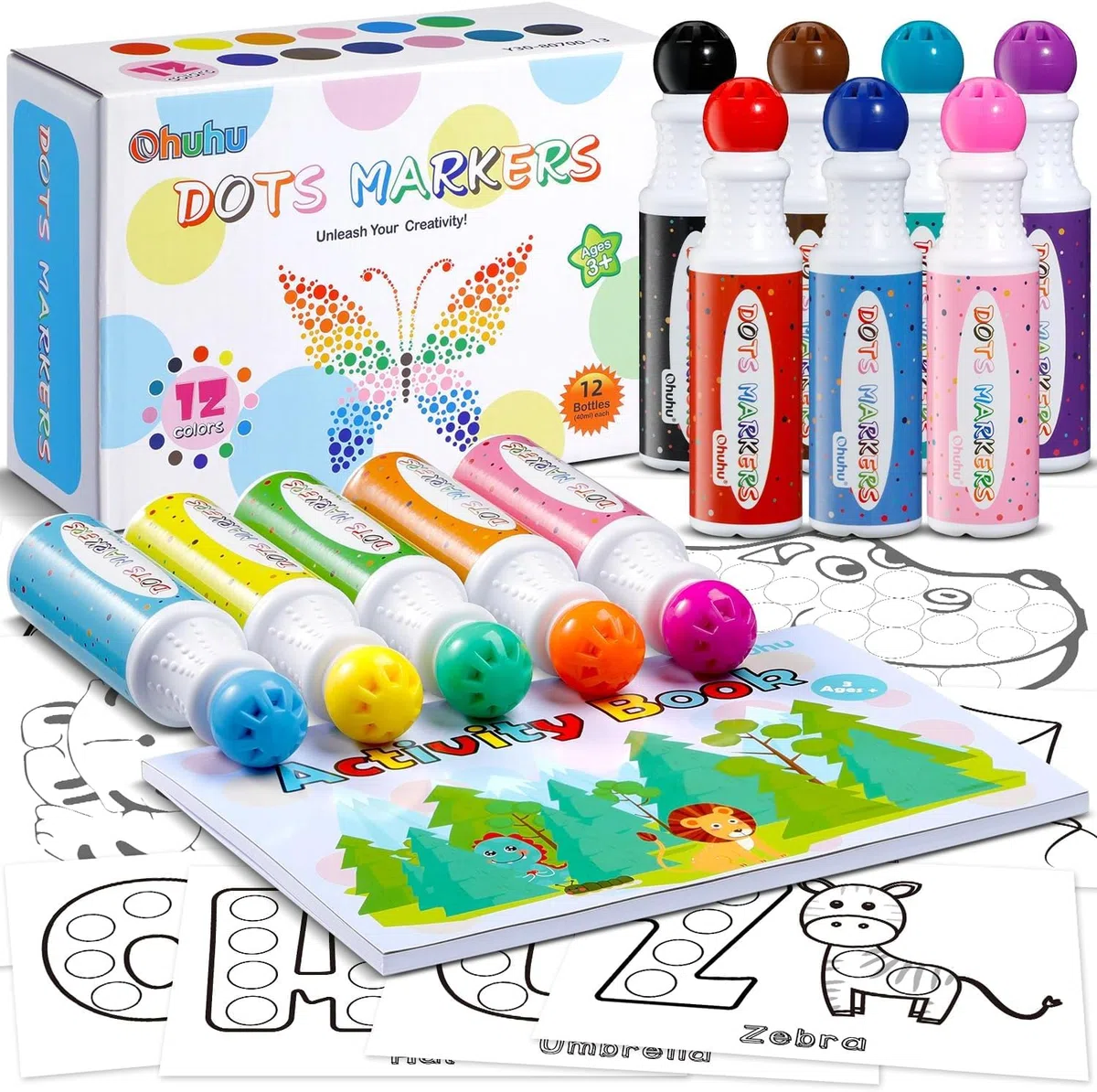 Ohuhu Pennarelli per bambini 12 colori super lavabili (40 ml) con libro di attività in bianco di 30 pagine - Penne Bingo a punta tonda di sicurezza non tossica per la scuola dell'infanzia