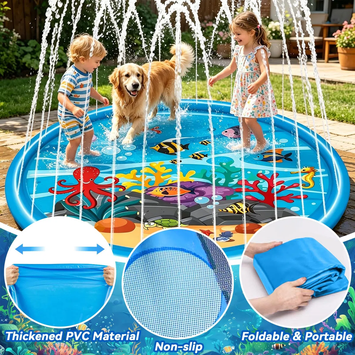 170CM Tappeto d'Acqua, Tappeto Gioco d'Acqua, Giocattolo Estivo per Acqua, Gioco d'Acqua all'Aperto per Bambini e Animali Domestici, Adatto per Attività all'Aperto, Feste in Spiaggia e Giardini
