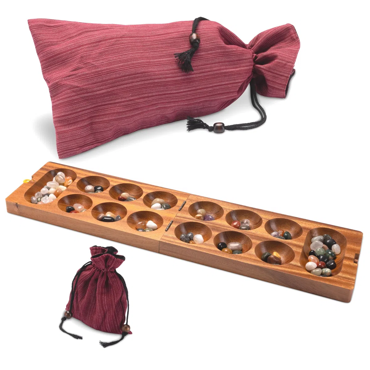 LOGOPLAY Kalaha Gioco per 2 giocatori con sacchetto di stoffa – Campo da gioco 14 x 49 cm – Hus – Bao – con pietre preziose