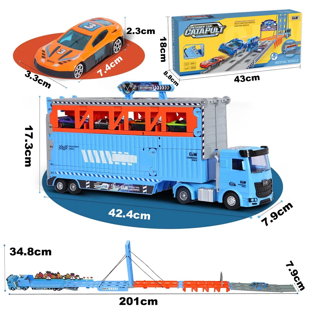 Camion Giocattolo per bambini, 201cm Pista da Trasporto Pieghevole Auto Eiettabile e 8 Auto da Corsa in Metallo, camion Porta Macchinine con Luci e Suoni, Regali per Bambini di 3 4 5 6+ Anni
