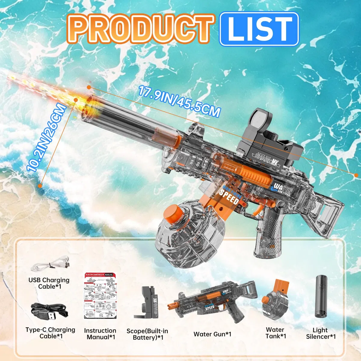 Pistola Ad Acqua Elettrica Per Bambini, Fucile Ad Acqua Automatica Con Gittata Fino 10M, Electric Water Gun luce LED giocattoli regali per adulti ragazzi ragazze (UMP45 Nero)