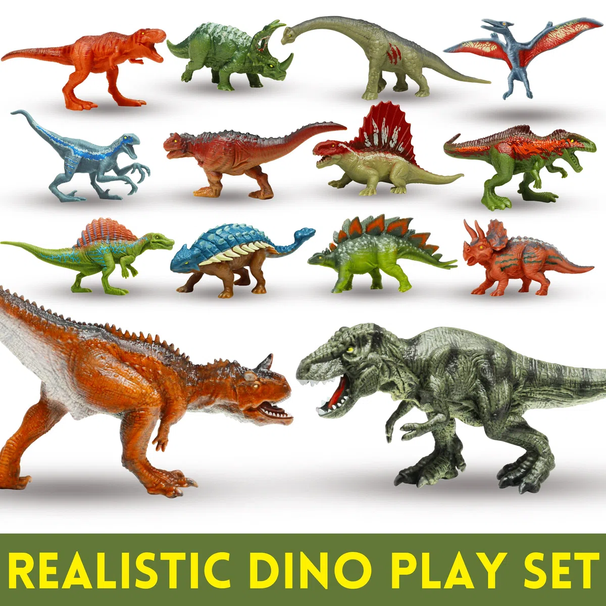 Oriate Dinosauro Catch n Run Fighting Playset, include Big Trex & Carnotaurus 12 miniature Dino, 2 alberi, 2 blaster e altro, giocattolo regalo per i fan dei dinosauri 208-2