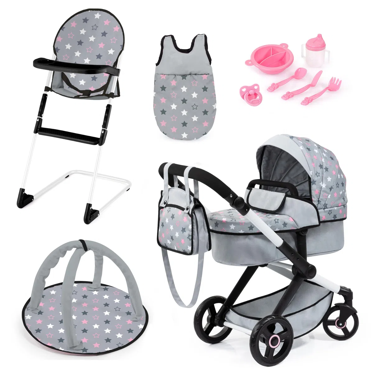 Bayer Design 17007AB carrozzina per bambole, passeggino, con seggiolone, borsa, sacco a pelo, palestrina e accessori in plastica