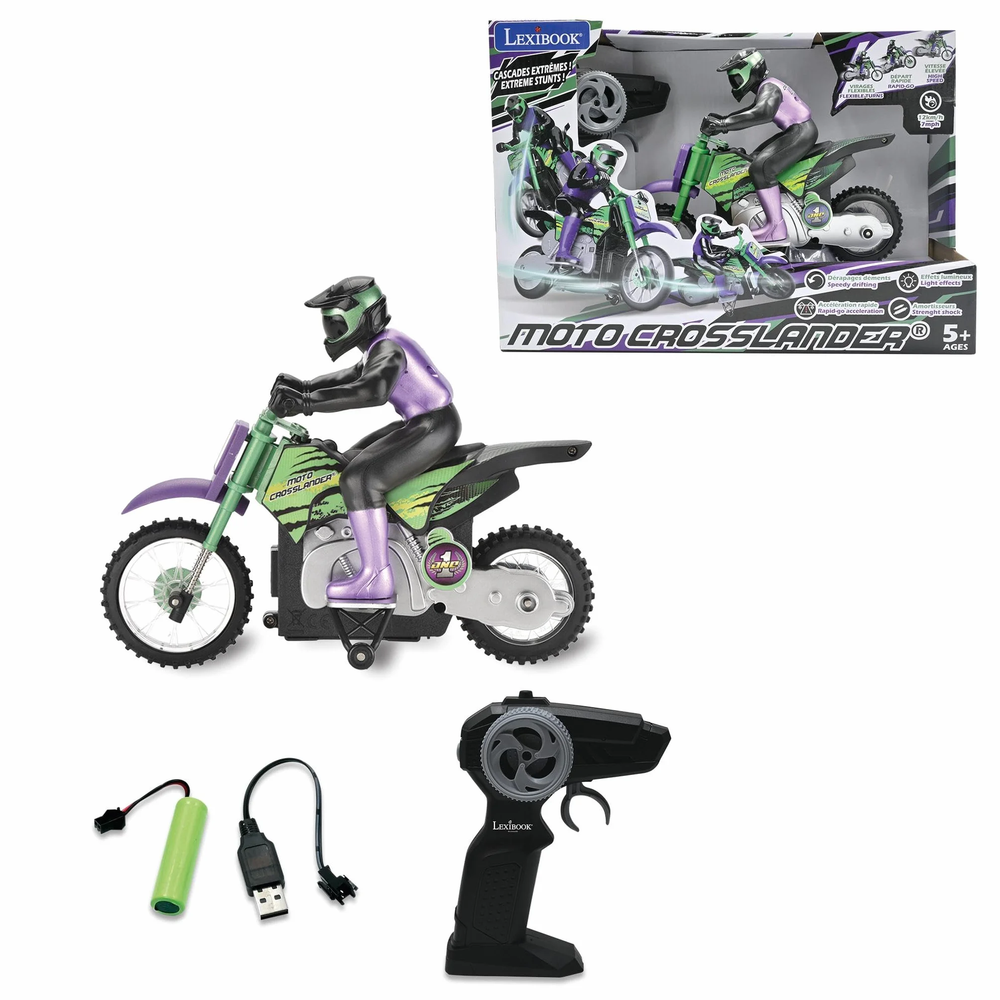 Lexibook, Moto Fuoristrada radiocomandata Crosslander®, Fino a 12 km/h, Equilibrio Perfetto, Effetti Luce, sbandate pazzesche, accelerazione Rapida, Telecomando ergonomico, Ricaricabile, RC18LXB