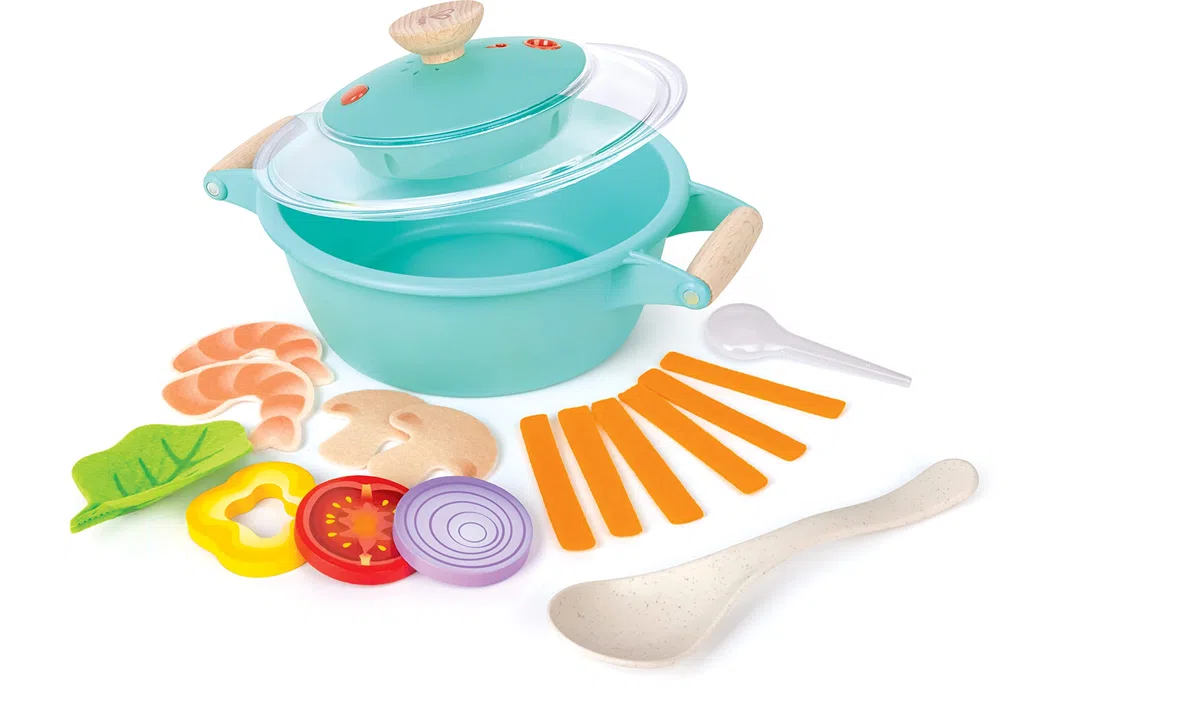 Hape - Set cucina al vapore per piccoli chef | Pentola giocattolo interattiva con contagocce e cibo giocattolo per bambini dai 3 anni su