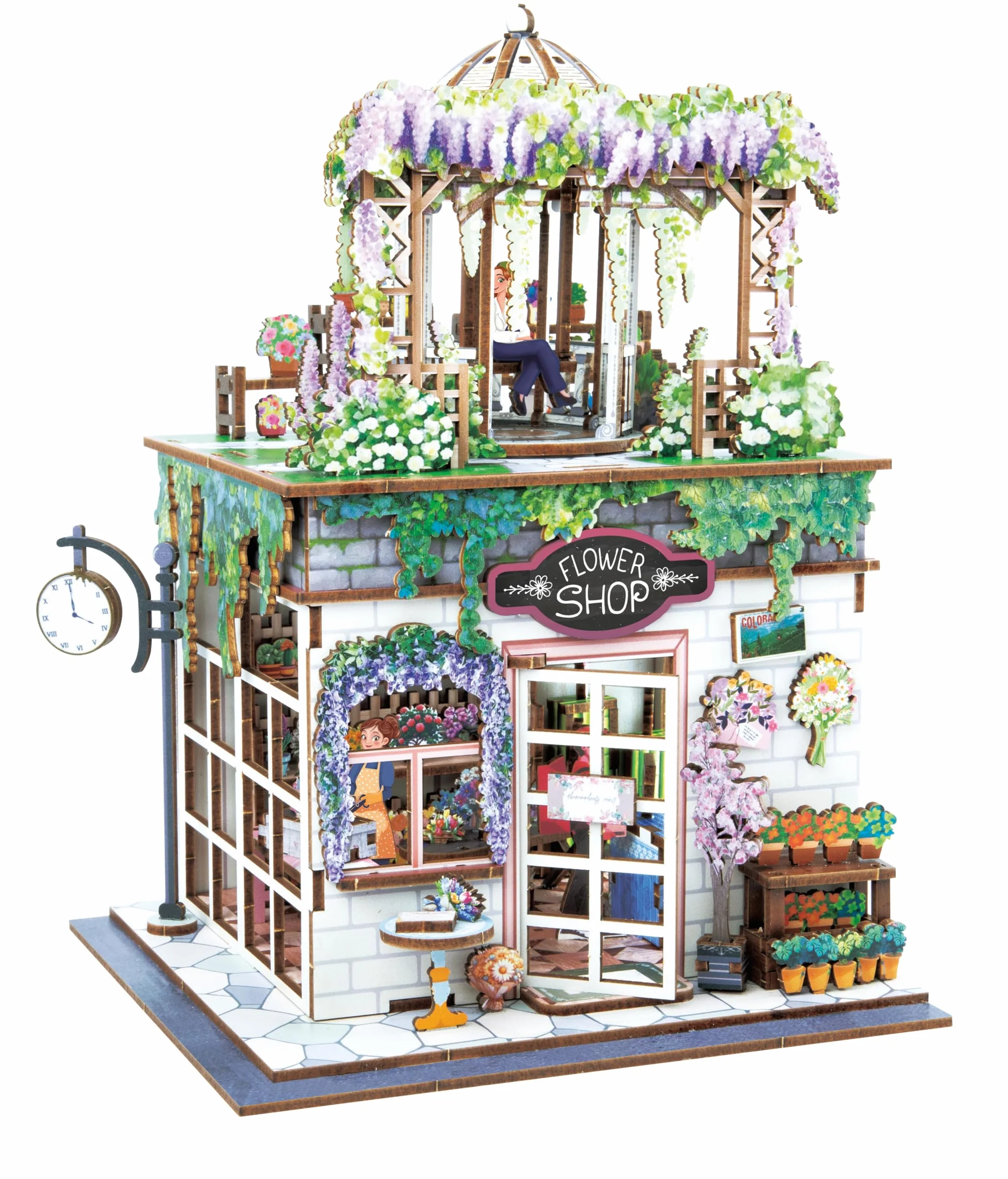 Diorama Fiorista - Modellino fioraio in miniatura in legno con LED - Diorama DIY 243 pezzi - Kit costruzione negozio di fiori - dai 10 anni - 14 x 17,1 x 21,8 cm - 68075 - BUKI France