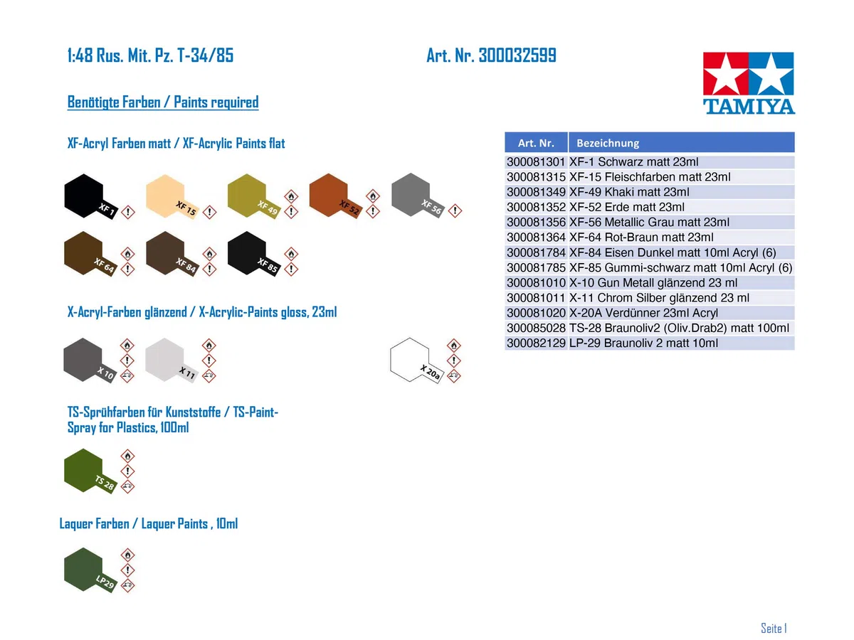 TAMIYA 32599-000 - Kit di costruzione in plastica, 1:48 Rus. Mit. Pz. T-34/85, per modellismo, fai da te, hobby, incollaggio, in plastica, verde scuro