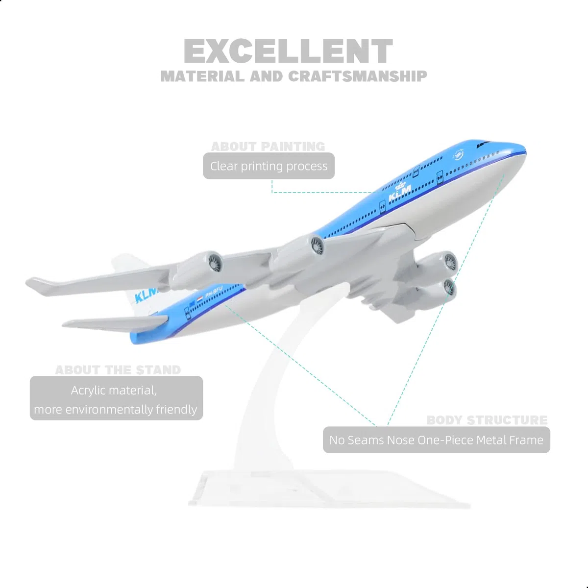 Boeing 747 KLM Airlines 1/400 Modello di Aeroplano in Metallo Pressofuso con Supporto Airlines Display in Lega Kit Modello da Collezione per Regalo per Appassionati di Aviazione,15*14.5*6 cm
