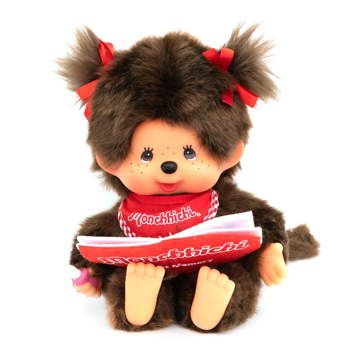 Sekiguchi 221561 - Originale Ragazza Monchhichi, Figura in Peluche con Album Fotografico e Fiocchi, Alta Circa 20 cm in Peluche Marrone