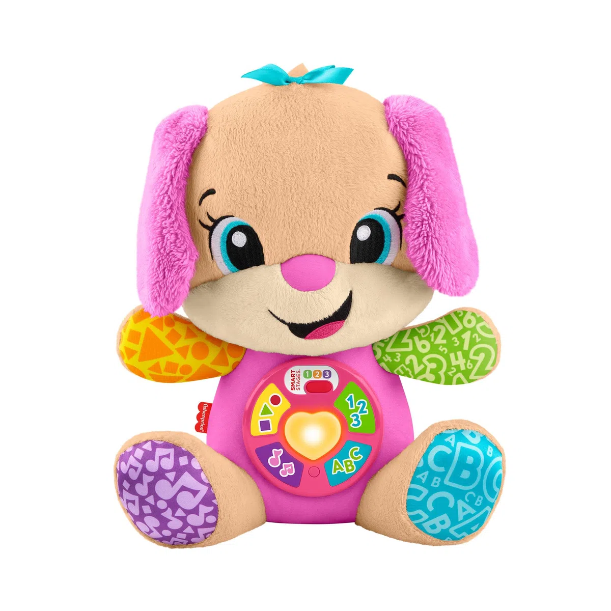 Fisher-Price Giocattolo per l'apprendimento dei Neonati Ridi e Impara Peluche Musicale Sis Smart Stages Rosa; per Bambini dai 6 Mesi in su, multilingue: Italiano, Spagnolo, Portoghese, Inglese, JFD35