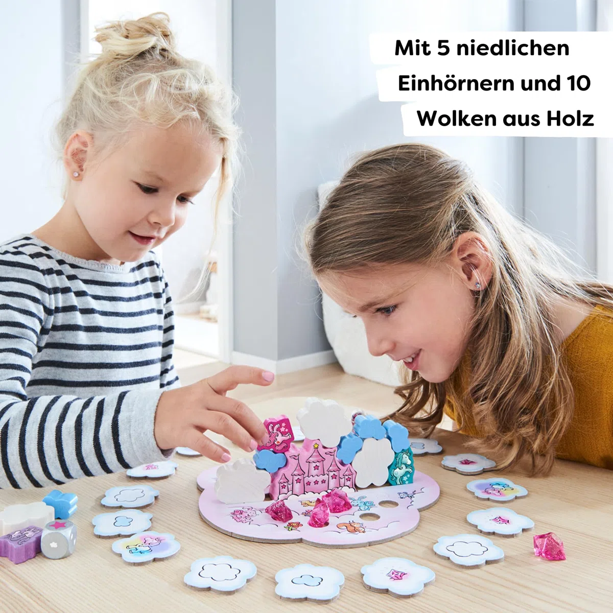 HABA Unicorno Glitter Felice - Gioco impilabile per Bambini con unicorni, Nuvole di Legno e 10 Cristalli di Nuvola Scintillanti, dai 4 Anni in su, 2012232001