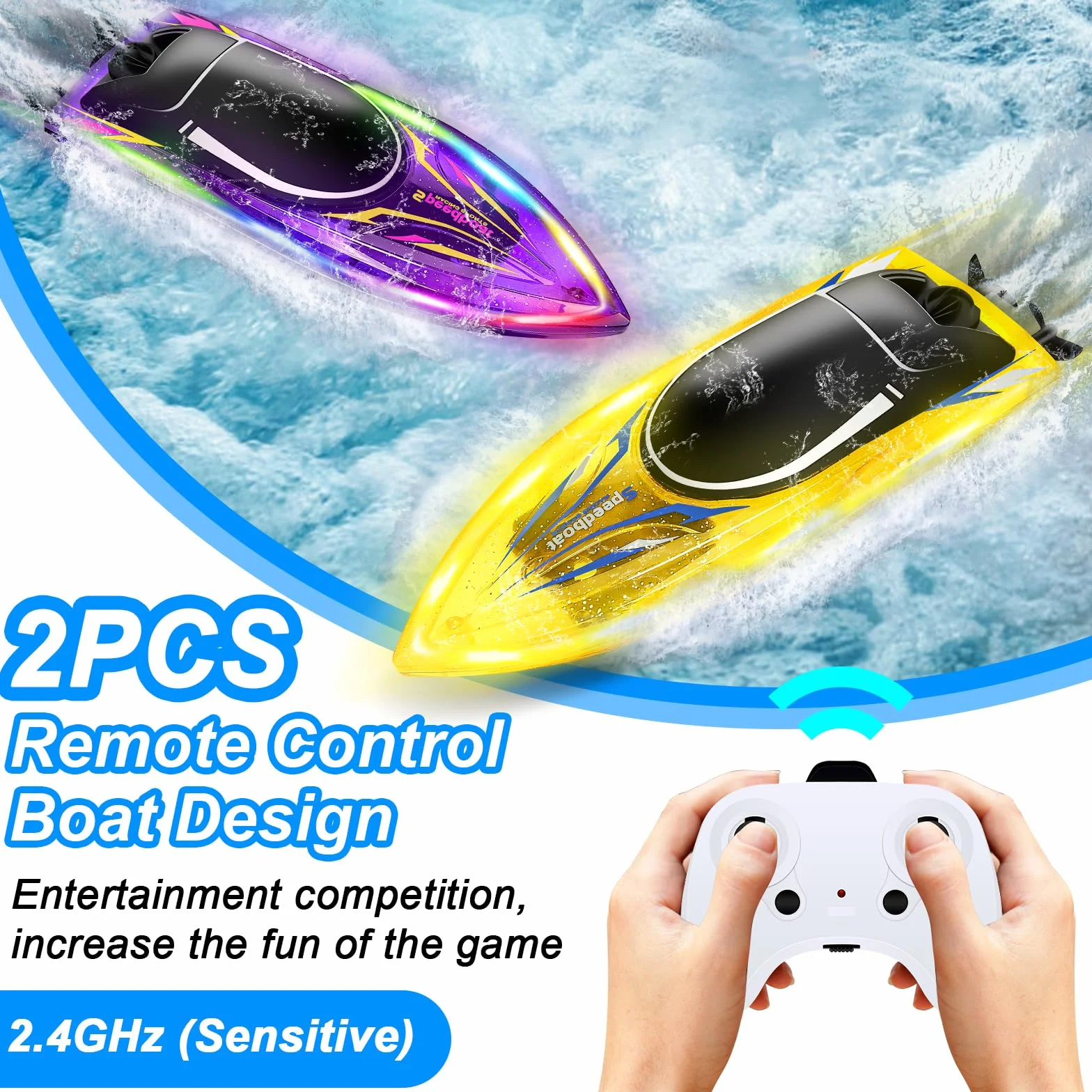 JONRRYIN Barca Telecomandata 2 Pezzi, RC Barca da Corsa con Luce LED, Race Barca Telecomandata Impermeabile per Adulti e Bambini, Barca RC 2,4 GHz per Piscine e Laghi