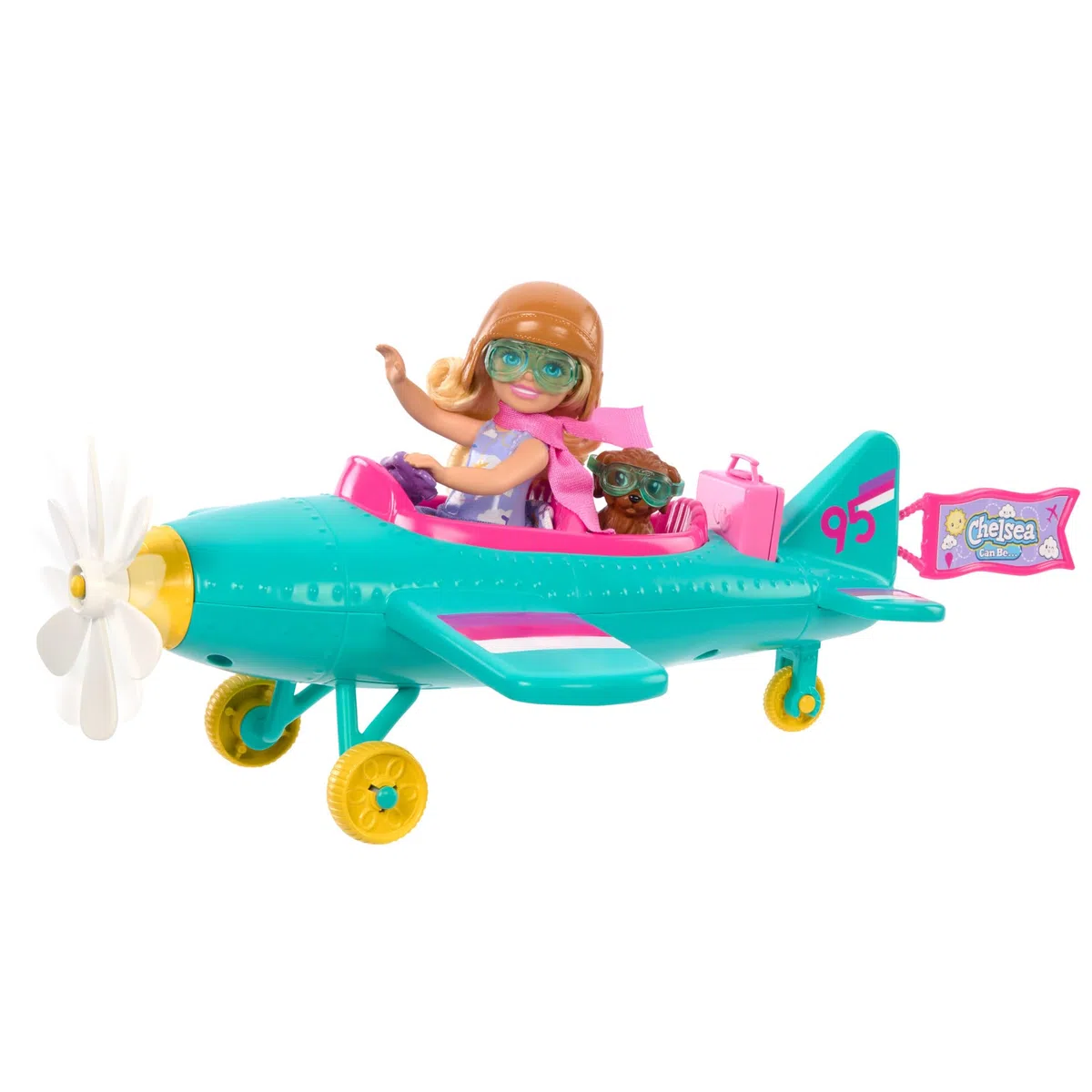 Barbie Carriere - Chelsea Pilota, playset con bambola Chelsea e aereo, veivolo a 2 posti con elica margherita rotante, cucciolo e 7+ accessori inclusi, giocattolo per bambini, 3+ anni, HTK38