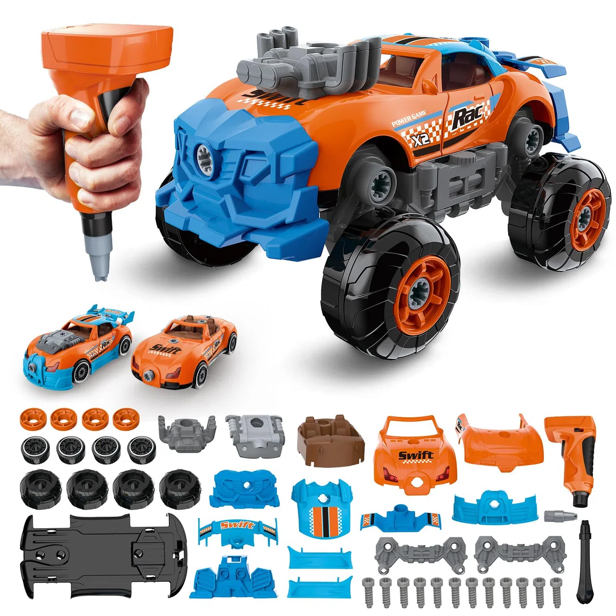 Pup Go Auto 3-in-1 Smontabile per Ragazzi di 3 4 5 6 7 8 Anni, 43 Pezzi con Trapano Elettrico, Giocattolo Camion da Costruzione, Costruisci la Tua Auto, Regalo Giochi Ideale per Bambini (Arancione)