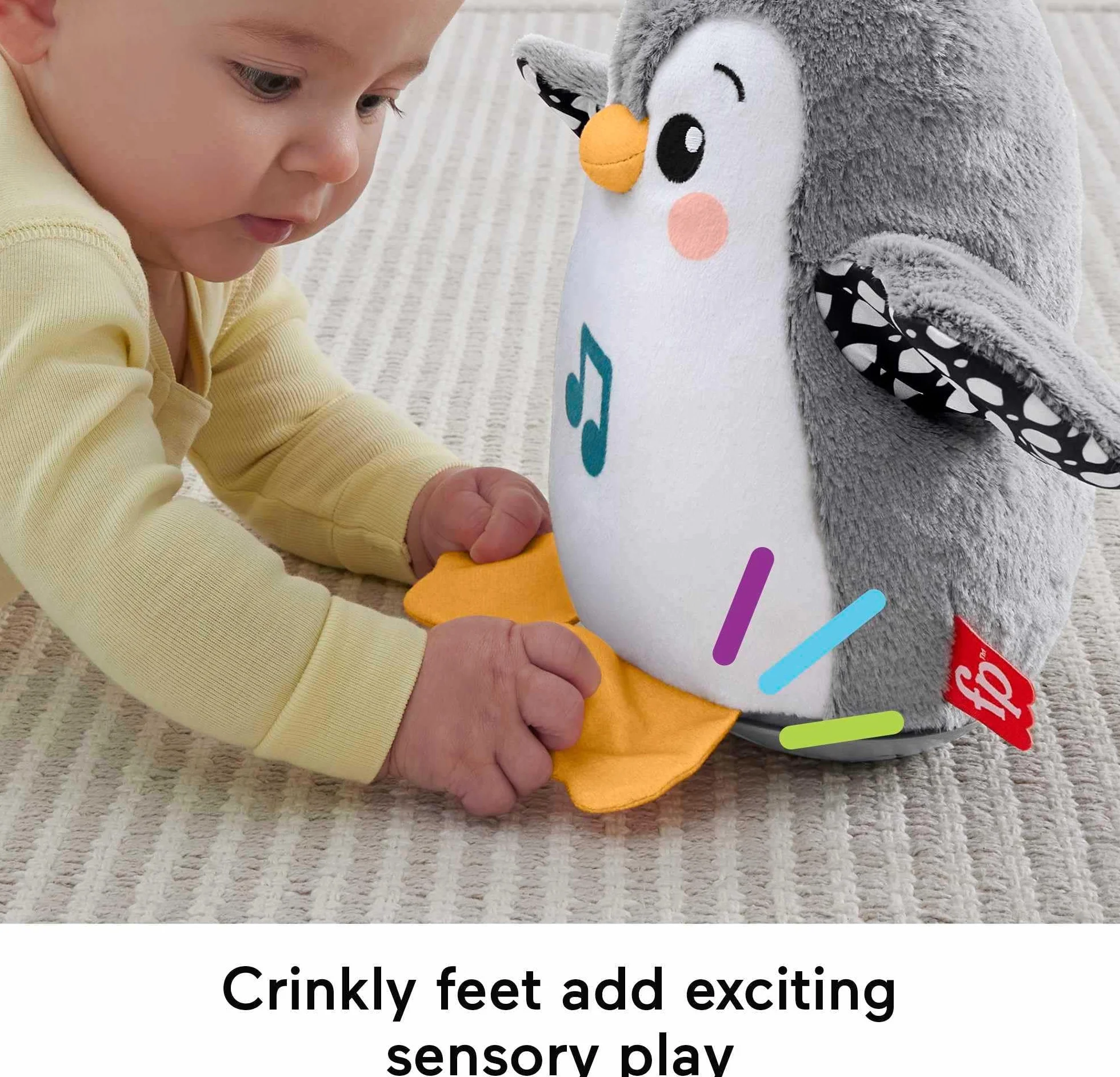 Fisher-Price - Pinguino Dolci Coccole, peluche sensoriale con musica e ali che si muovono, per il gioco interattivo da distesi sul pancino, giocattolo per bambini, 0+ anni, HNC10
