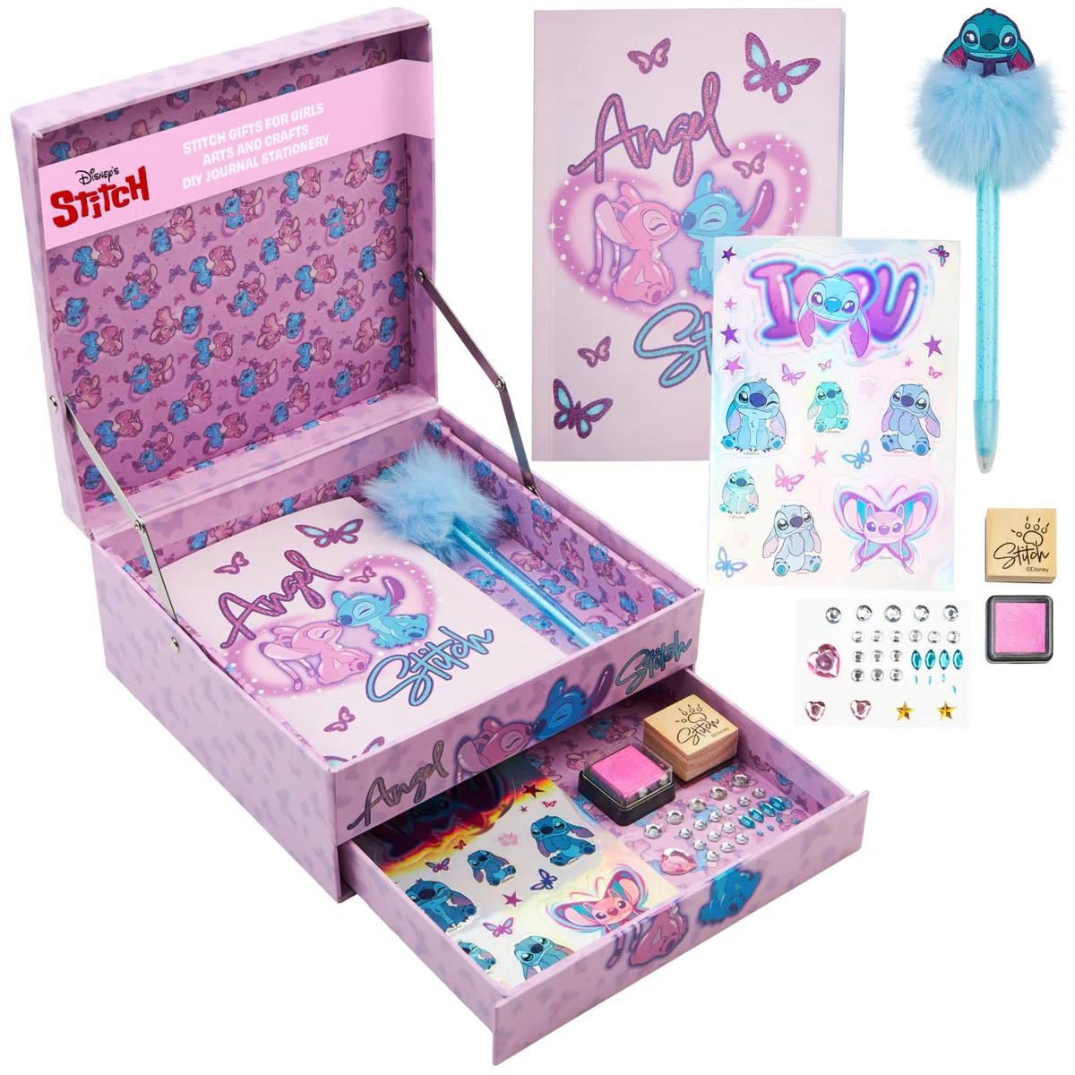 Disney Stitch Quaderno Set Cancelleria Bambina Ragazza Diario DIY Journaling Kit con Timbro Penna Adesivi Gemme Idee Regalo (Rosa Stitch)