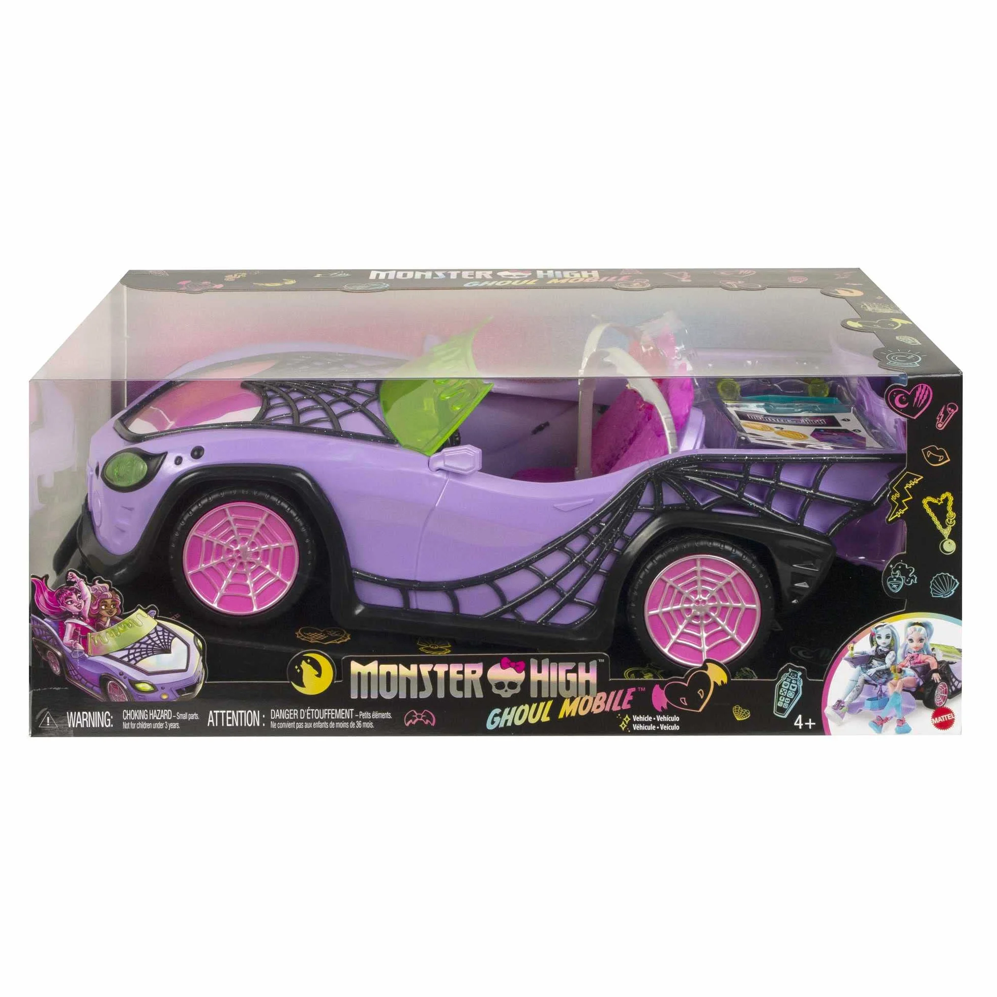Monster High - Mostromobile, macchina giocattolo con animale, accessorio e ghiacciaia portatile, cabrio viola con dettagli a ragnatela, Giocattolo per Bambini 4+ Anni, HHK63