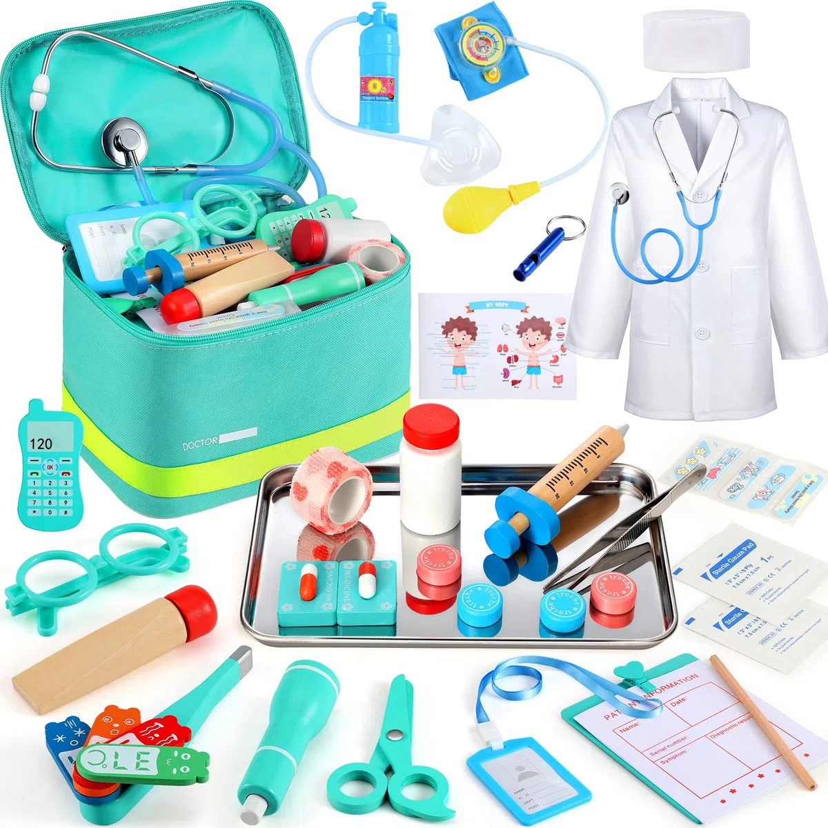 Valigetta Dottore Bambini con Vero Stetoscopio e Camice - 32 Pezzi Gioco di Ruolo Educativo per Bambini 3 4 5 6 7 8 9 10 Anni Regalo Perfetto