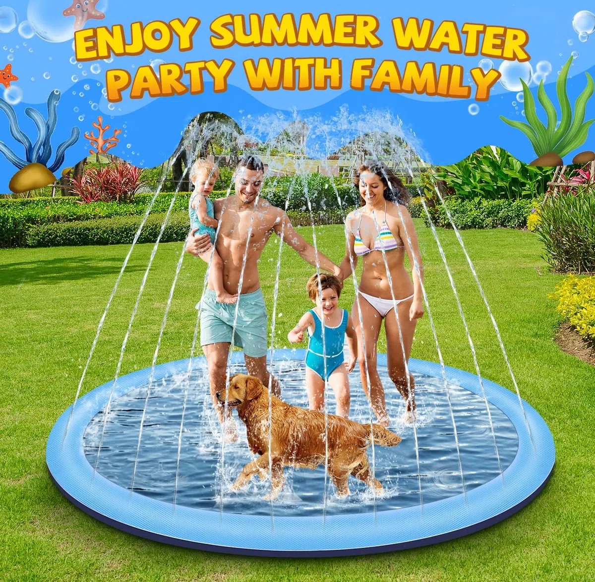 Spruzzatore d'acqua per bambino, 200cm Giocattolo Acquatico per bambino, Giochi all'aperto, Irrigatore e Piscina per Cani con Funzione Antiscivolo