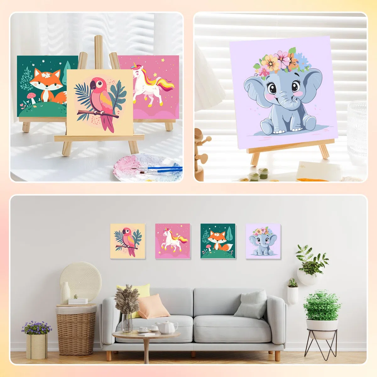 Bowetile 4Pcs Dipingere con i Numeri per Bambini Tramonto con Cornice, Kit Lavoretti Creativi per Bambini 4-8-12+ Anni, Pittura Acrilica Numerata Per Decorazione Della Casa, 20X20 cm
