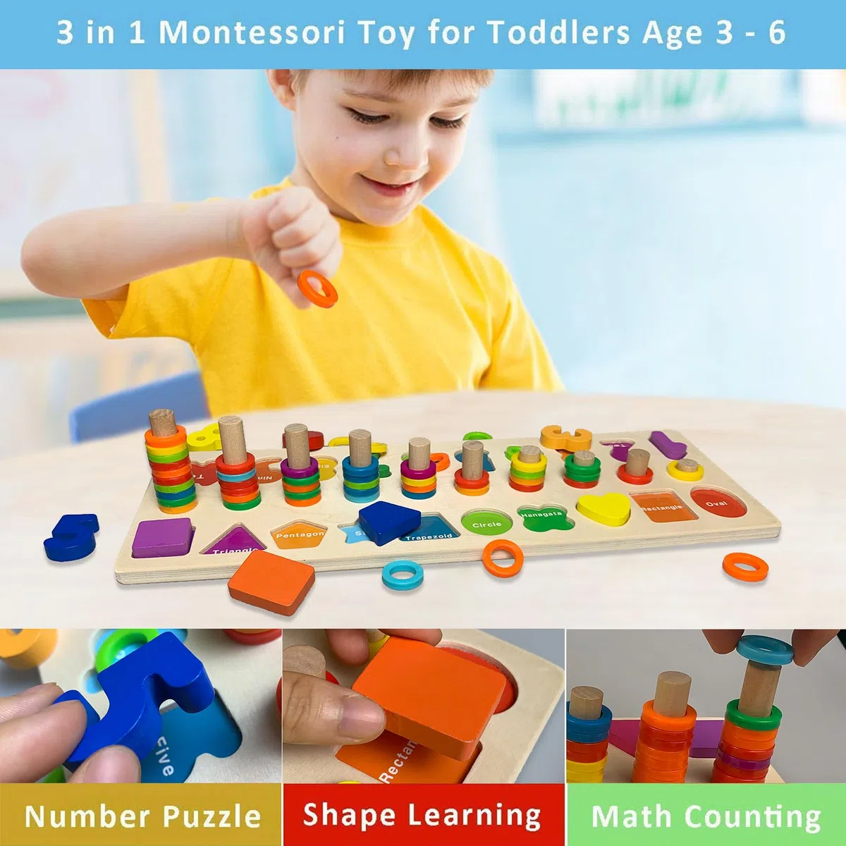 Felly Giocattoli Montessori Bambini, 2 in 1 Gioco Educativi Giocattoli di Legno Baby Board Conteggio Numeri Stacking Classificazione Matematica Apprendimento, Regalo di Compleanno Natale 3+ anni