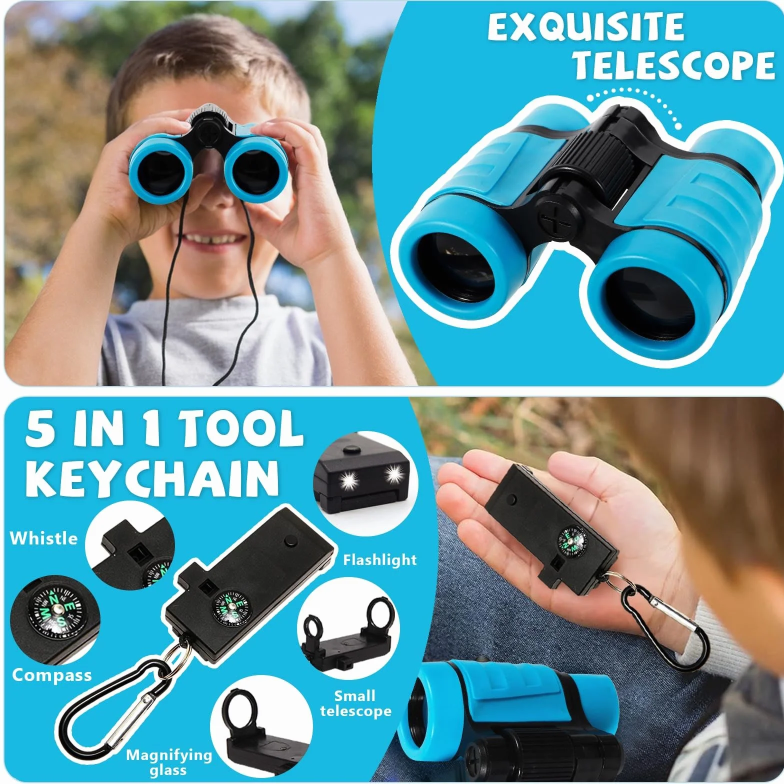 Binocolo Bambini,Compatto Binocolo,Forte ingrandimento 8X21,Set Esploratore Completo con Lente d'Ingrandimento e Bussola,Giochi per bambino e bambina di 3-12 anni,giocattolo per esterni
