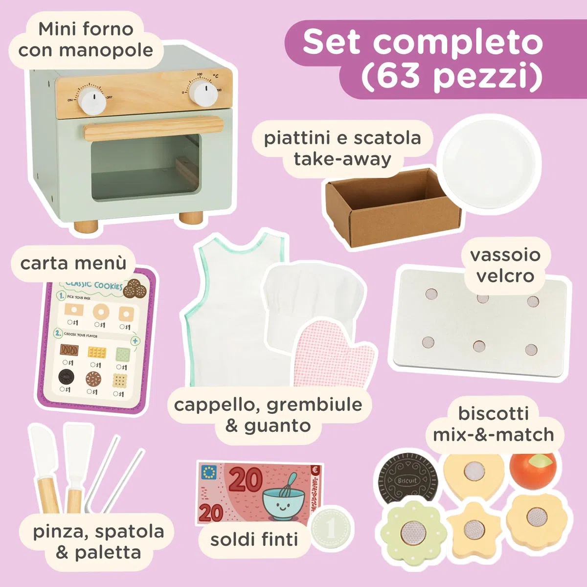 Nene Toys Pasticceria di Biscotti in Legno per Bambini 3+ Anni – Set Completo con Mini Forno, Menù & Soldi Finti – Gioco di Ruolo Educativo & Primi Calcoli – Regalo 3–6 Anni