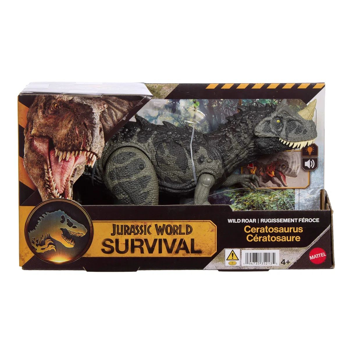 Mattel Jurassic World - Ceratosaurus Ruggito Selvaggio, dinosauro snodabile con mandibola multidirezionale, mossa d'attacco e suoni inclusi, giocattolo per bambini, 4+ anni, JKL77