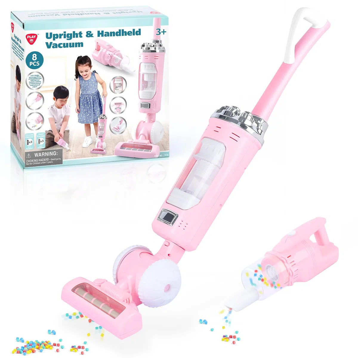 PLAY 2 in 1 Aspirapolvere Giocattolo Bambini, Aspirapolvere Funzionante con Particelle EVA, Effetto di Aspirazione e Suono Realistico, Set Pulizia Giocattolo per Bambini 3+ Anni (Rosa)