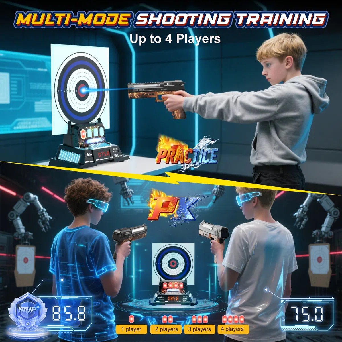 VATOS Set Gioco di Tiro Elettronico Intelligente con Base Bersaglio Punteggio Automatico e Pistola Laser Ricaricabile, Feedback Vocale in Tempo Reale, Giocattolo Interno/Esterno per Adolescenti