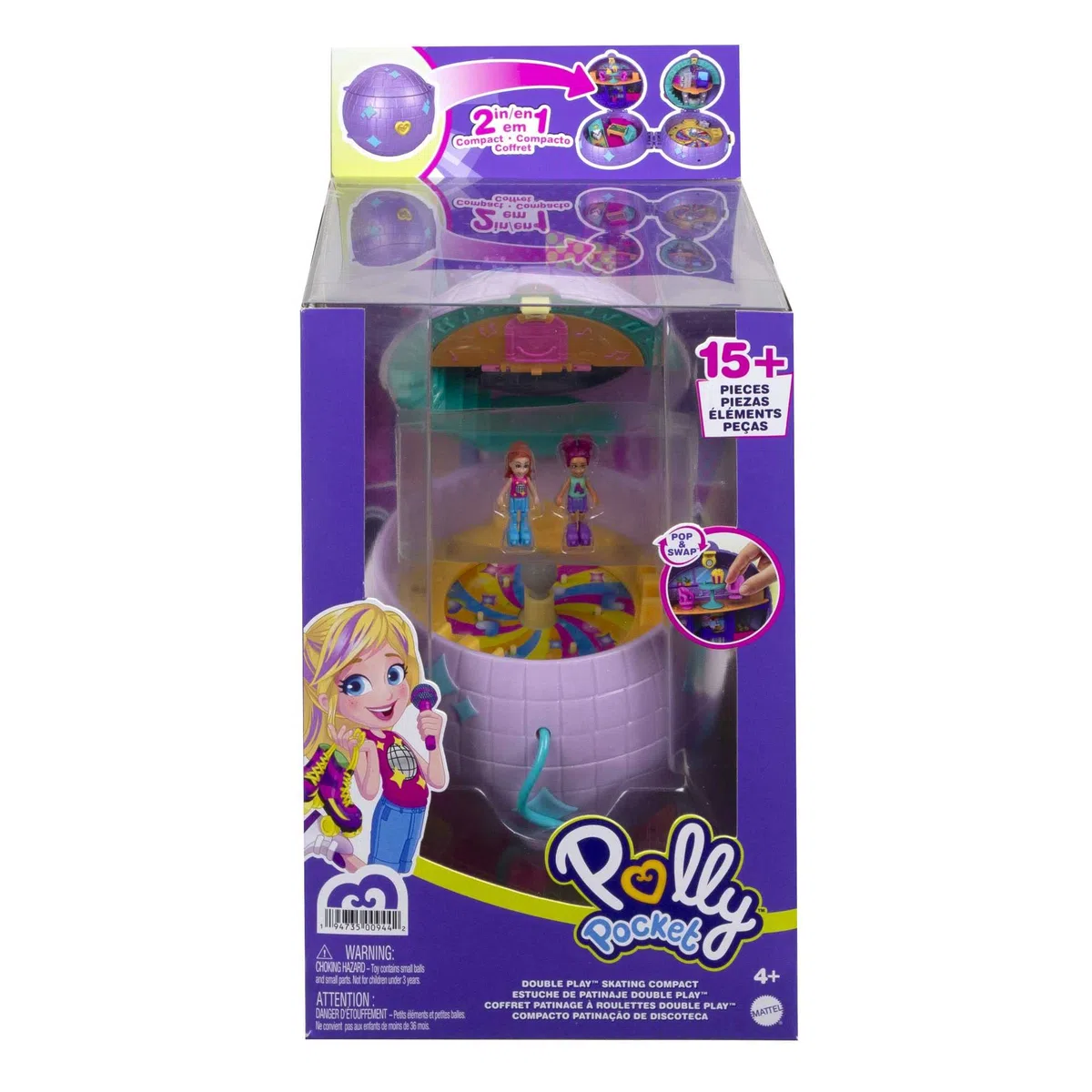 Polly Pocket Double Play - Cofanetto Pattinaggio - Set 2 in 1 Pattinaggio in Discoteca - 2 Bambole - 15 Accessori - Regalo per Bambini 4+ Anni, HCG24