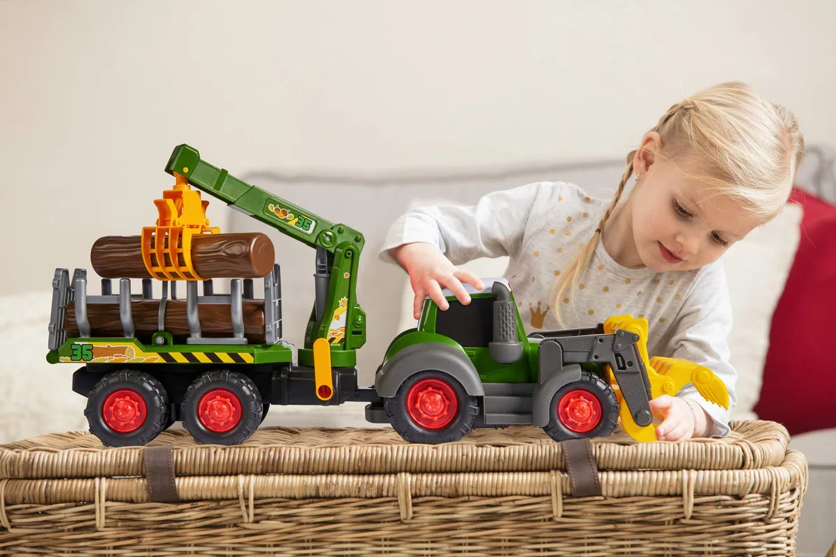 Dickie Toys ABC Fendt Forester, escavatore giocattolo con rimorchio, artiglio meccanico tramite maniglia, tronchi, luce e suono, batterie incluse, lunghezza 65 cm, verde
